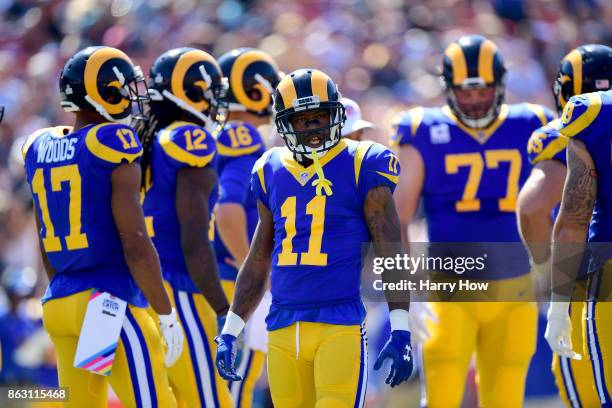 Tavon Austin of the Los Angeles Rams waits for a huddle during the game against the Seattle Seahawks at Los Angeles Memorial Coliseum on October 8,...