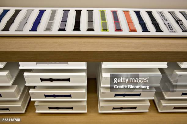 Apple Watch bands sit on display during a media preview of the new Apple Inc. Michigan Avenue store in Chicago, Illinois, U.S., on Thursday, Oct. 19,...