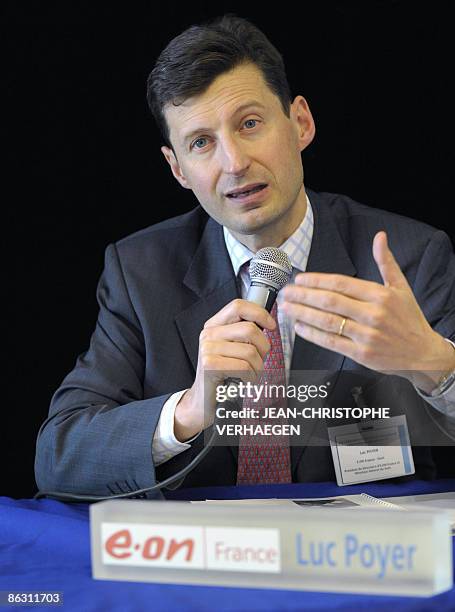 Luc Poyer, president of the Eon board and the SNET company, speaks to the press on April 30, 2009 in Saint-Avold during the visit of the electrical...