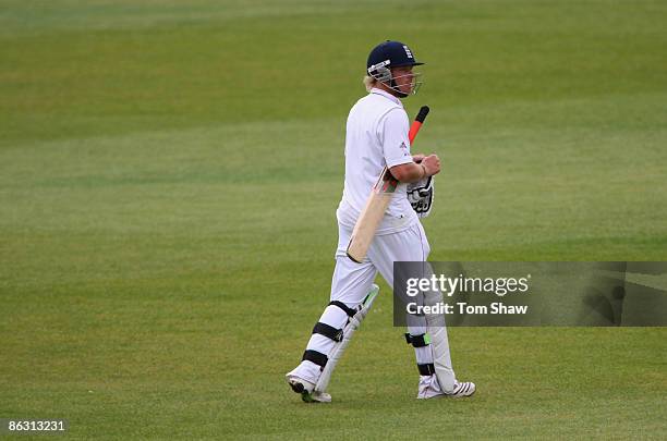 Ian Bell of England walks off after his dismissal during day 2 of the tour match between England Lions and the West Indies at the County Ground on...