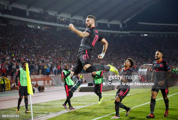 Olivier Giroud of Arsenal celebrates after scoring a goal during the UEFA Europa League group H match between Crvena Zvezda and Arsenal FC at Rajko...