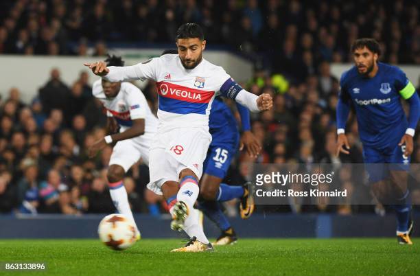 Nabil Fekir of Lyon scores their first goal from the penalty spot during the UEFA Europa League Group E match between Everton FC and Olympique Lyon...