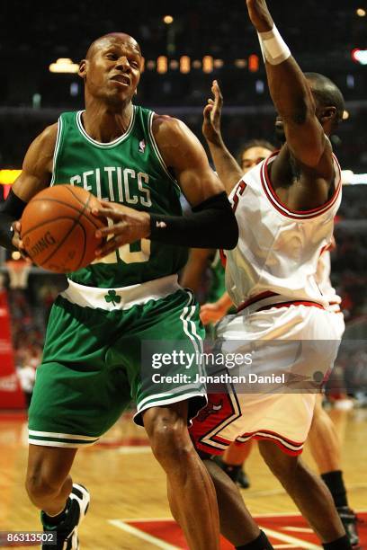 Ray Allen of the Boston Celtics moves against Ben Gordon of the Chicago Bulls on his way to a game-high 51 points in Game Six of the Eastern...