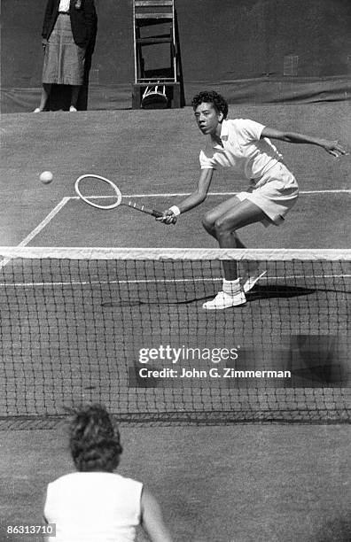 National Championships: USA Althea Gibson in action during match at West Side Tennis Club, Forest Hills, NY 9/9/1956. CREDIT: John G Zimmerman