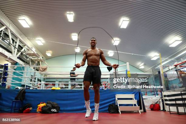 Anthony Joshua during a media workout at the English Institute of Sport on October 17, 2017 in Sheffield, England.