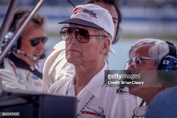 Actor and car owner Paul Newman watches the action from the pits during the Marlboro Grand Prix of Miami, IRL IndyCar race at Homestead Miami...