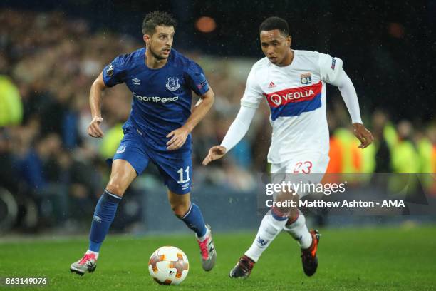 Kevin Mirallas of Everton and Kenny Tete of Olympique Lyonnais during the UEFA Europa League group E match between Everton FC and Olympique Lyon at...