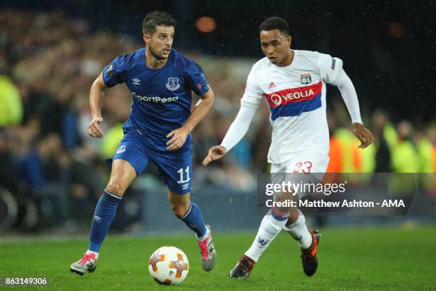 Kevin Mirallas of Everton and Kenny Tete of Olympique Lyonnais during the UEFA Europa League group E match between Everton FC and Olympique Lyon at...