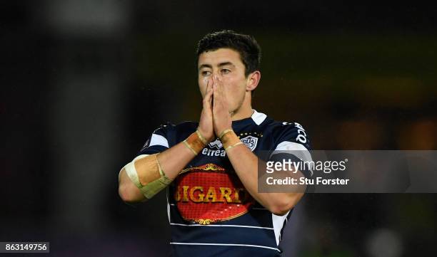 Agen player Hugo Verdu reacts during the European Rugby Challenge Cup match between Gloucester Rugby and Agen at Kingsholm on October 19, 2017 in...
