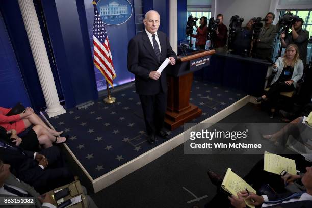 White House Chief of Staff John Kelly speaks during a White House briefing October 19, 2017 in Washington, DC. Kelly spoke about the process of the...