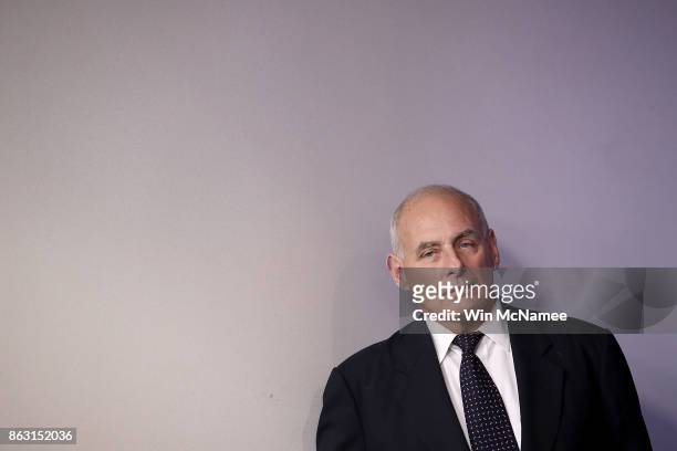 White House Chief of Staff John Kelly waits to speak during a White House briefing October 19, 2017 in Washington, DC. Kelly spoke about the process...