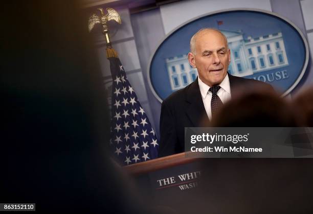 White House Chief of Staff John Kelly speaks during a White House briefing October 19, 2017 in Washington, DC. Kelly spoke about the process of the...