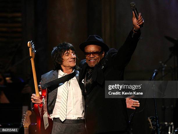 Ron Wood of Rolling Stones and Bobby Womack perform onstage at the 24th Annual Rock and Roll Hall of Fame Induction Ceremony at Public Hall on April...