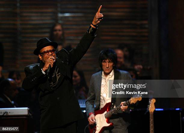 Bobby Womack and Ron Wood of the Rolling Stones perform onstage at the 24th Annual Rock and Roll Hall of Fame Induction Ceremony at Public Hall on...
