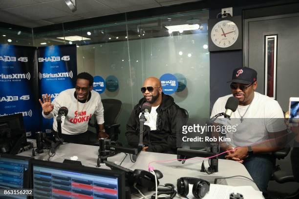 Members of Boyz II Men Shawn Stockman, Wanya Morris and Nathan Morris visit 'Sway in the Morning' at SiriusXM Studios on October 19, 2017 in New York...