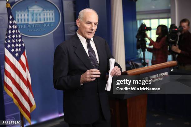 White House Chief of Staff John Kelly speaks during a White House briefing October 19, 2017 in Washington, DC. Kelly spoke about the process of the...