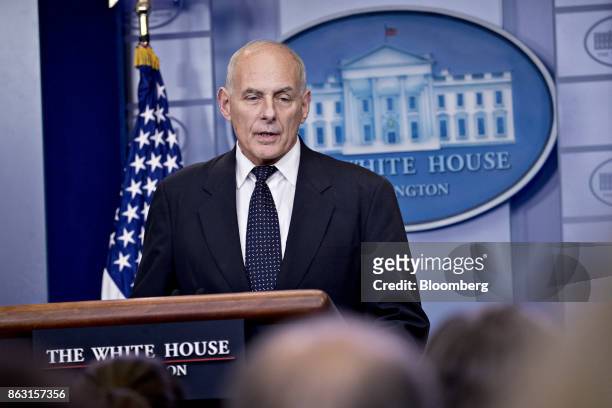 John Kelly, White House chief of staff, speaks during a White House briefing in Washington, D.C., U.S., on Thursday, Oct. 19, 2017. U.S. President...