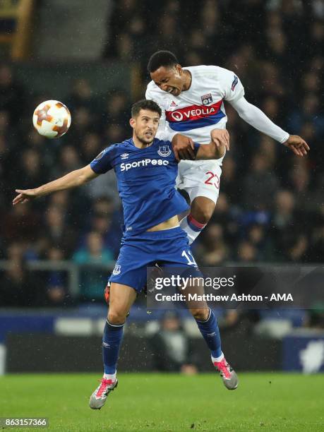 Kevin Mirallas of Everton and Kenny Tete of Olympique Lyonnais during the UEFA Europa League group E match between Everton FC and Olympique Lyon at...