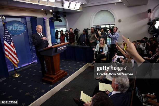 White House Chief of Staff John Kelly speaks during a White House briefing October 19, 2017 in Washington, DC. Kelly spoke about the process of the...