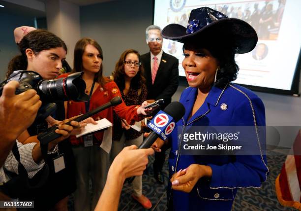 Rep. Frederica Wilson speaks to reporters after a Congressional field hearing on nursing home preparedness and disaster response October 19, 2017 in...