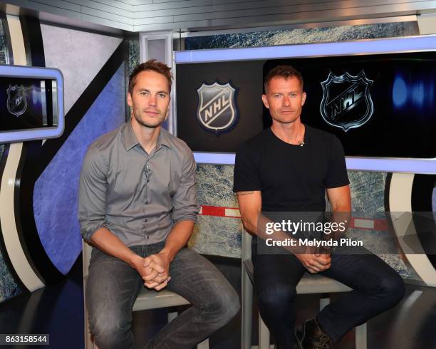 Taylor Kitsch and James Badge Dale pose for a photo during an NHL Network interview at the NHL Headquarters on October 17, 2017 in New York, NY.