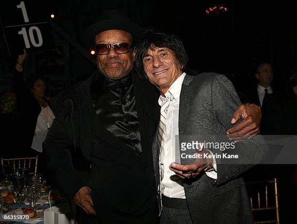 Musicians Bobby Womack and Ron Wood of the Rolling Stones attend the 24th Annual Rock and Roll Hall of Fame Induction Ceremony at Public Hall on...
