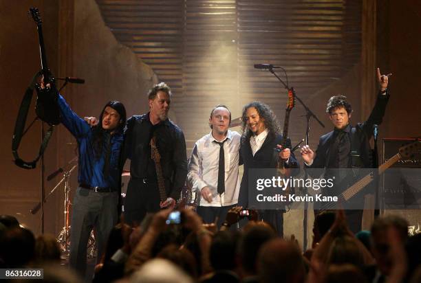 Robert Trujillo, James Hetfield, Lars Ulrich, Kirk Hammett and Jason Newsted of Metallica perform onstage at the 24th Annual Rock and Roll Hall of...
