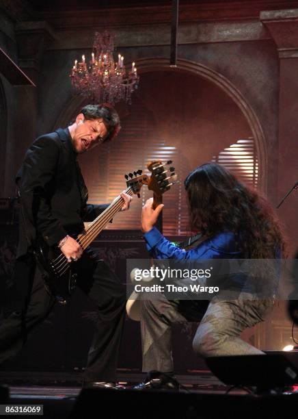 Jason Newsted and Robert Trujillo of Metallica perform on stage at the 24th Annual Rock and Roll Hall of Fame Induction Ceremony at Public Hall on...