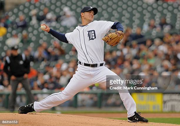 Rick Porcello of the Detroit Tigers pitches against the New York Yankees during the game at Comerica Park on April 29, 2009 in Detroit, Michigan. The...