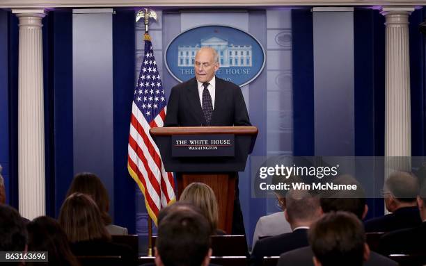 White House Chief of Staff John Kelly speaks during a White House briefing October 19, 2017 in Washington, DC. Kelly spoke about the process of the...