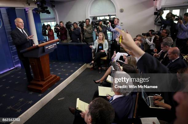 White House Chief of Staff John Kelly speaks during a White House briefing October 19, 2017 in Washington, DC. Kelly spoke about the process of the...