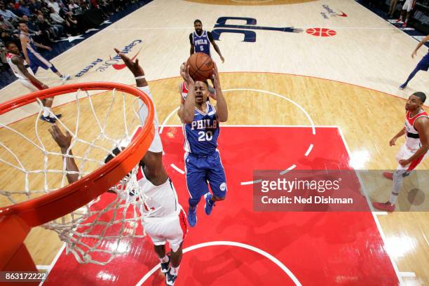 Markelle Fultz of the Philadelphia 76ers shoots the ball against the Washington Wizards on October 18, 2017 at Capital One Arena in Washington, DC....