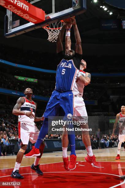 Amir Johnson of the Philadelphia 76ers drives to the basket against the Washington Wizards on October 18, 2017 at Capital One Arena in Washington,...