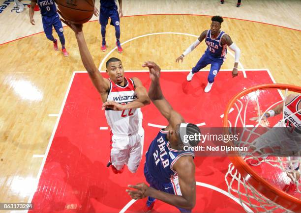 Otto Porter Jr. #22 of the Washington Wizards shoots the ball against the Philadelphia 76ers on October 18, 2017 at Capital One Arena in Washington,...