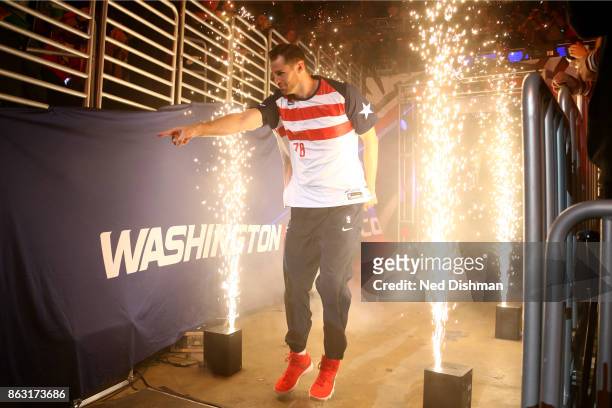 Jason Smith of the Washington Wizards is introduced before the game against the Philadelphia 76ers on October 18, 2017 at Capital One Arena in...