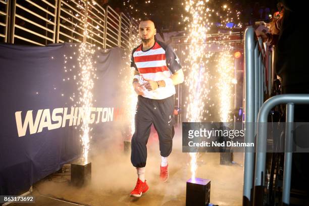 Marcin Gortat of the Washington Wizards is introduced before the game against the Philadelphia 76ers on October 18, 2017 at Capital One Arena in...