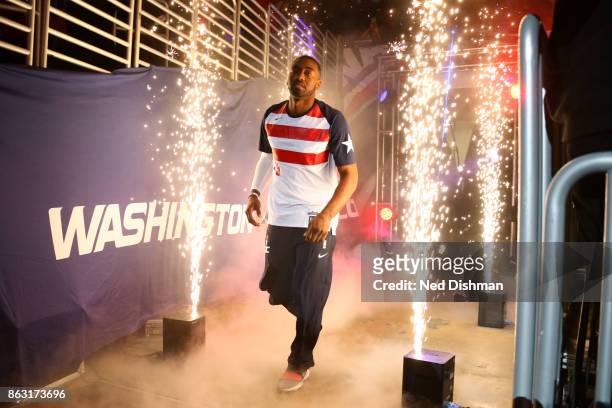 John Wall of the Washington Wizards is introduced before the game against the Philadelphia 76ers on October 18, 2017 at Capital One Arena in...