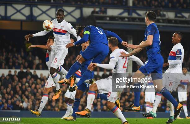 Ashley Williams of Everton scores their first goal during the UEFA Europa League Group E match between Everton FC and Olympique Lyon at Goodison Park...