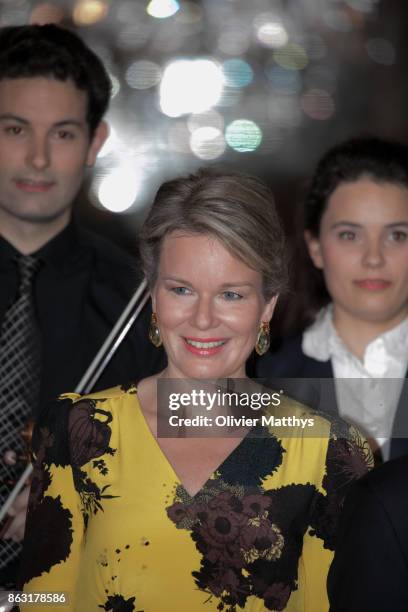 King Philippe of Belgium and Queen Mathilde of Belgium attend a concert to honor young talents in the Royal Palace on October 19, 2017 in Brussels,...