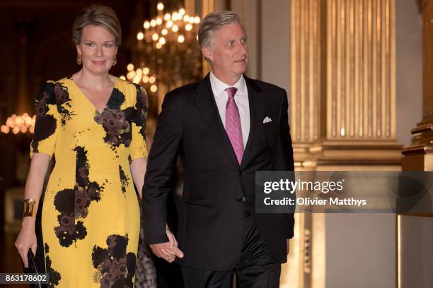 King Philippe of Belgium and Queen Mathilde of Belgium attend a concert to honor young talents in the Royal Palace on October 19, 2017 in Brussels,...