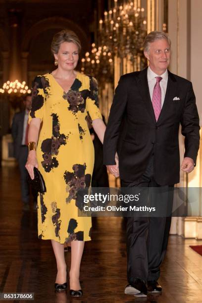 King Philippe of Belgium and Queen Mathilde of Belgium attend a concert to honor young talents in the Royal Palace on October 19, 2017 in Brussels,...