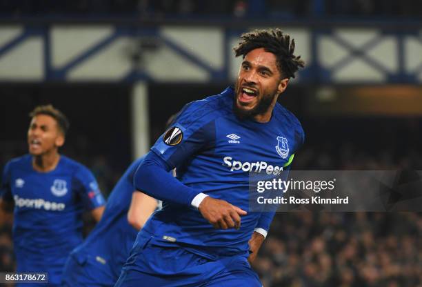 Ashley Williams of Everton celebrates as he scores their first goal during the UEFA Europa League Group E match between Everton FC and Olympique Lyon...