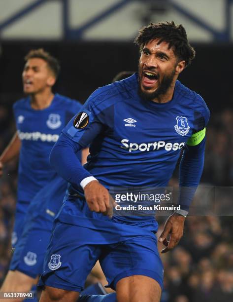 Ashley Williams of Everton celebrates as he scores their first goal during the UEFA Europa League Group E match between Everton FC and Olympique Lyon...