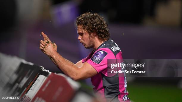 Gloucester wing Henry Purdy celebrates his try during the European Rugby Challenge Cup match between Gloucester Rugby and Agen at Kingsholm on...