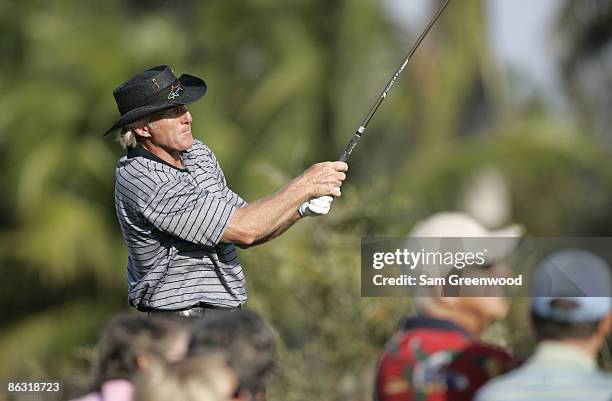 Greg Norman on the 1st hole during the final round of the Franklin Templeton Shark Shootout held on the Tiburon course at the Ritz-Carlton Golf...