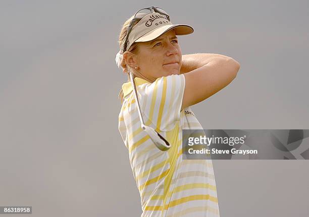 Annika Sorenstam hits from the seventh tee during the Merrill Lynch Skins Game Pro-Am at Trilogy Golf Club at La Quinta in La Quinta, California...