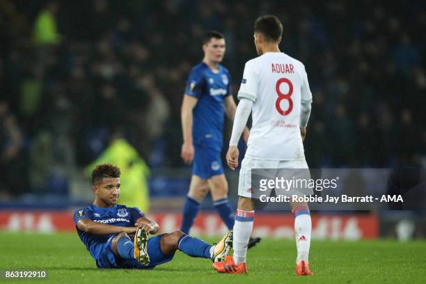 Mason Holgate of Everton reacts at full time during the UEFA Europa League group E match between Everton FC and Olympique Lyon at Goodison Park on...