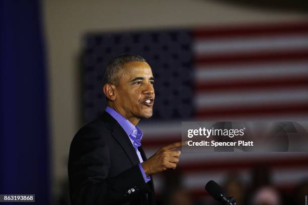 Former U.S. President Barack Obama speaks at a rally in support of Democratic candidate Phil Murphy, who is running against Republican Lt. Gov. Kim...