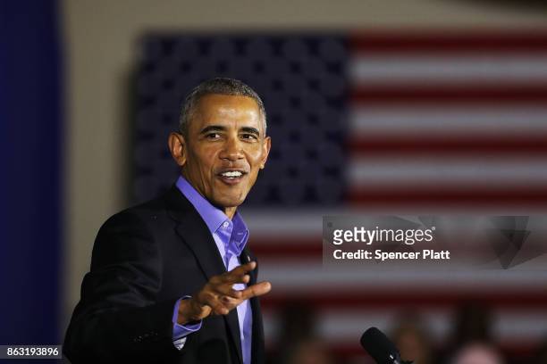 Former U.S. President Barack Obama speaks at a rally in support of Democratic candidate Phil Murphy, who is running against Republican Lt. Gov. Kim...