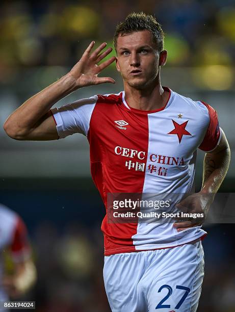 Tomas Necid of Slavia Praha celebrates after scoring the first goal during the UEFA Europa League group A match between Villarreal CF and Slavia...